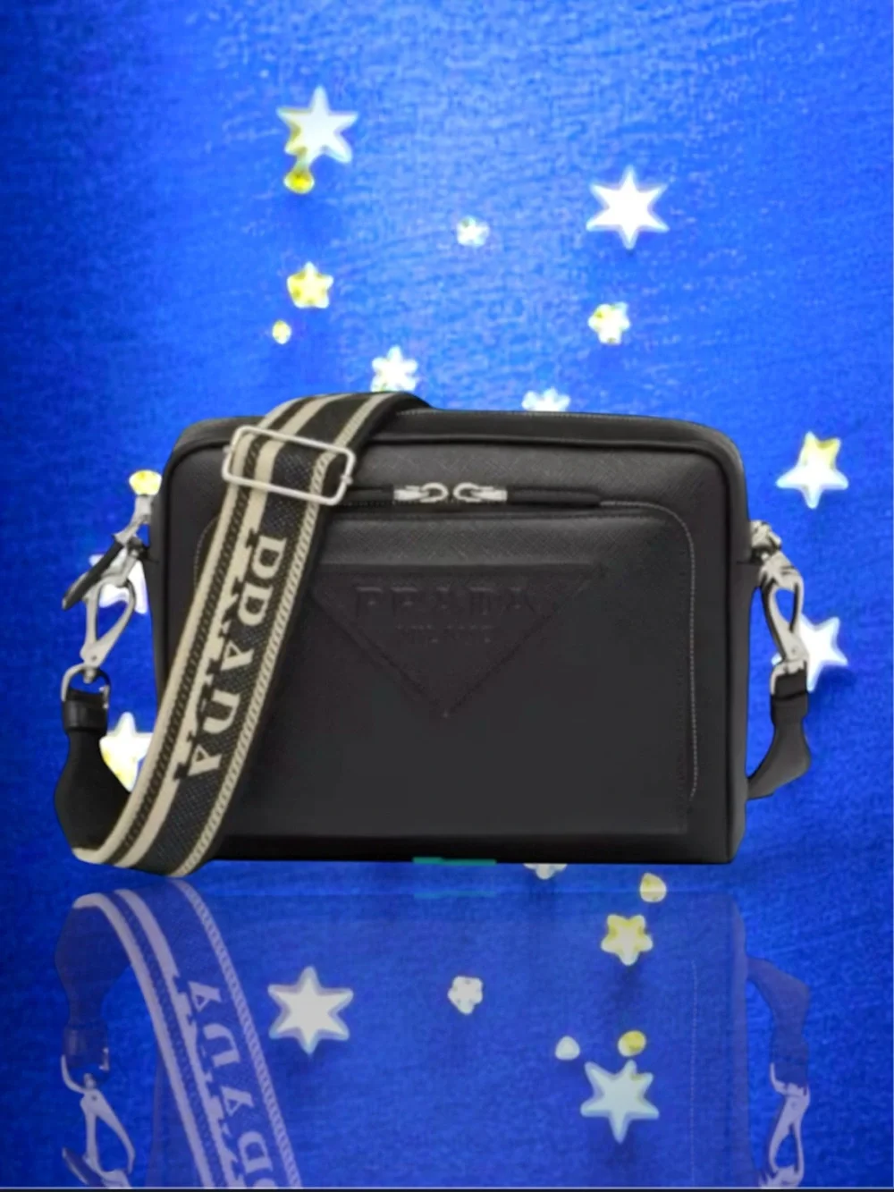 🆕💗PRADA BANDOLIERA BLACK Saffiano Cuir Logo Emboss Bag Silver-Tone Metal UNISEX